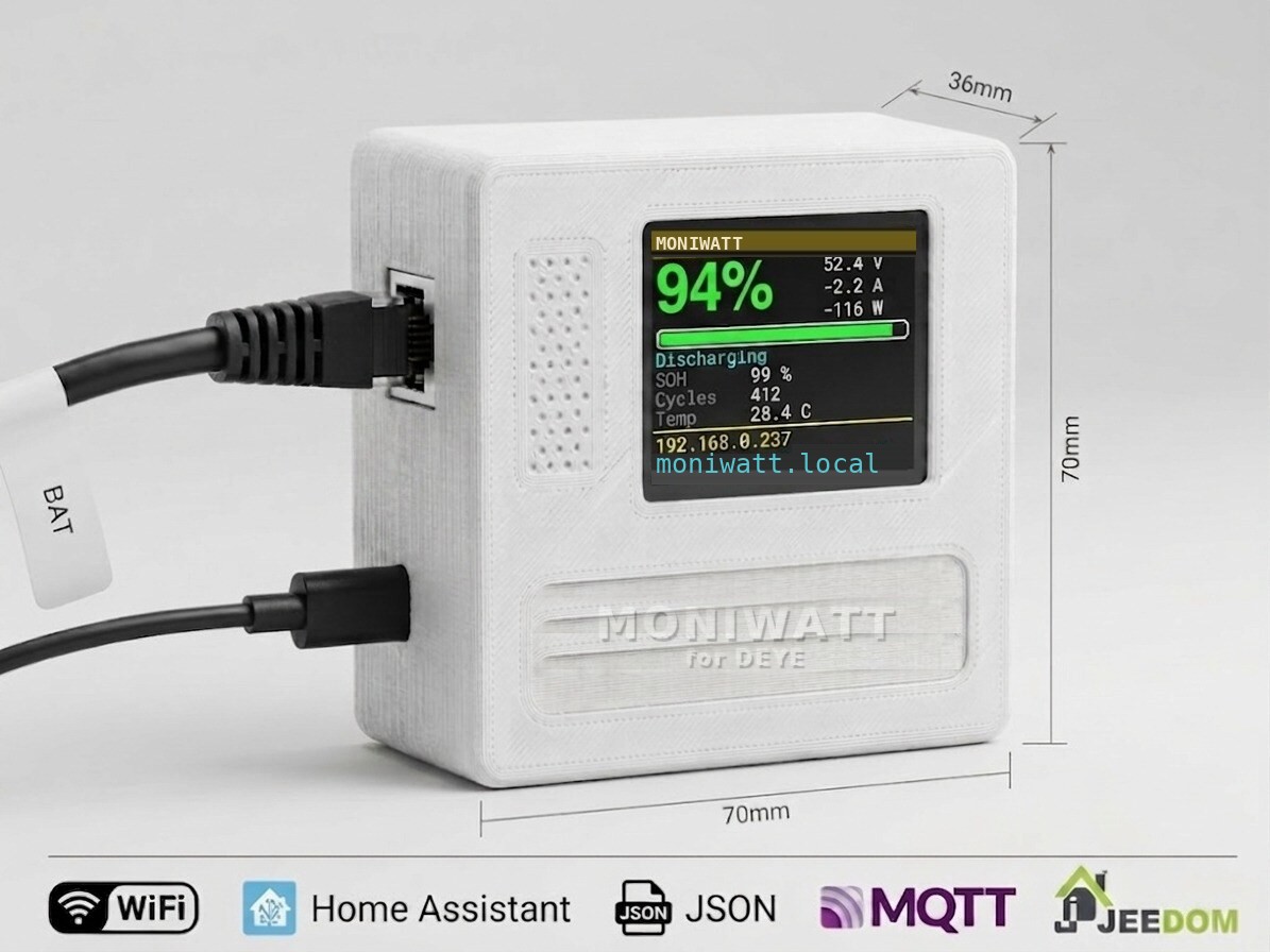 MoniWatt for Deye box with colour screen showing live data from a Deye hybrid inverter